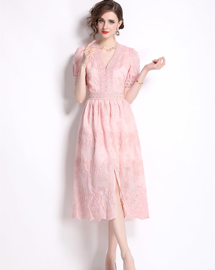 French V-Neck Single-Breasted Dress