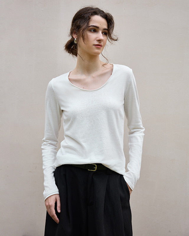 U-Neck Rolled-Up Long-Sleeved Knit Top