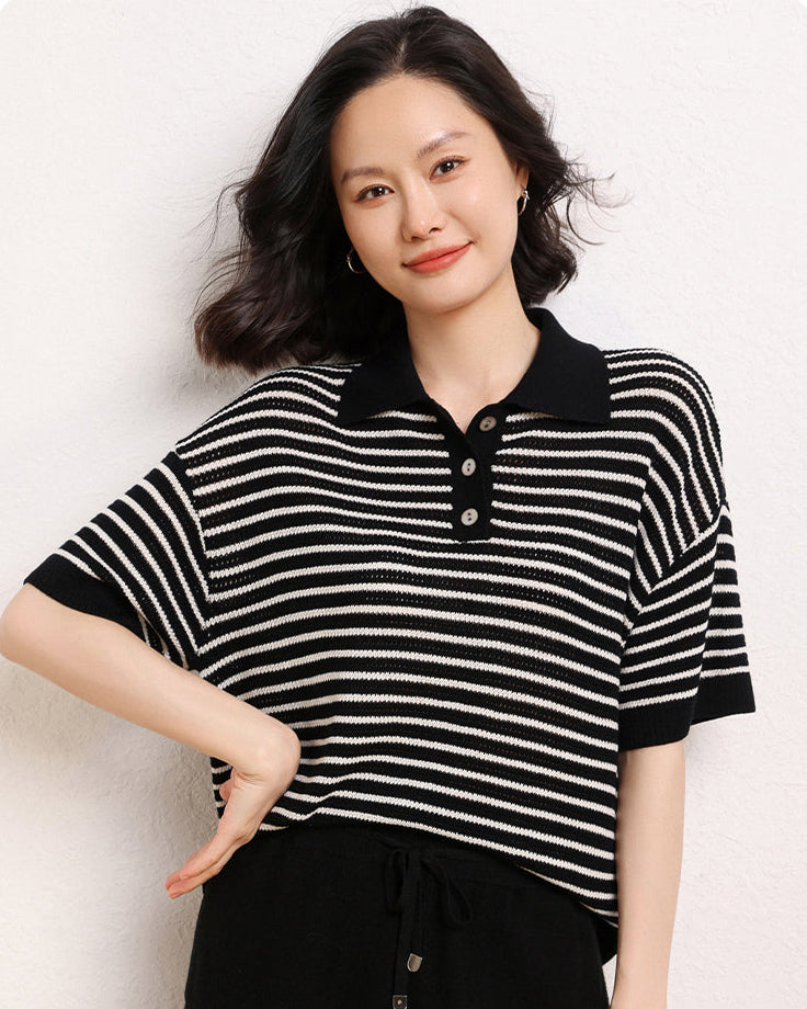 Casual Short-Sleeve Striped Wool Sweater