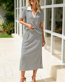 Collared Short-Sleeved Slit Skirt Two-Piece Set