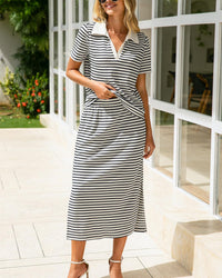Collared Short-Sleeved Slit Skirt Two-Piece Set