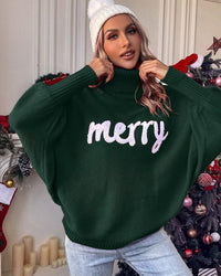 High-Neck Batwing Sleeve Christmas Knit Sweater