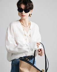 Loose-Fit Long-Sleeve V-Neck Linen Shirt