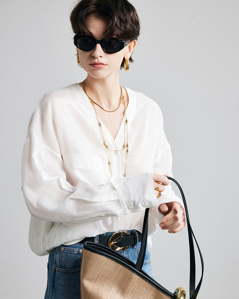 Loose-Fit Long-Sleeve V-Neck Linen Shirt