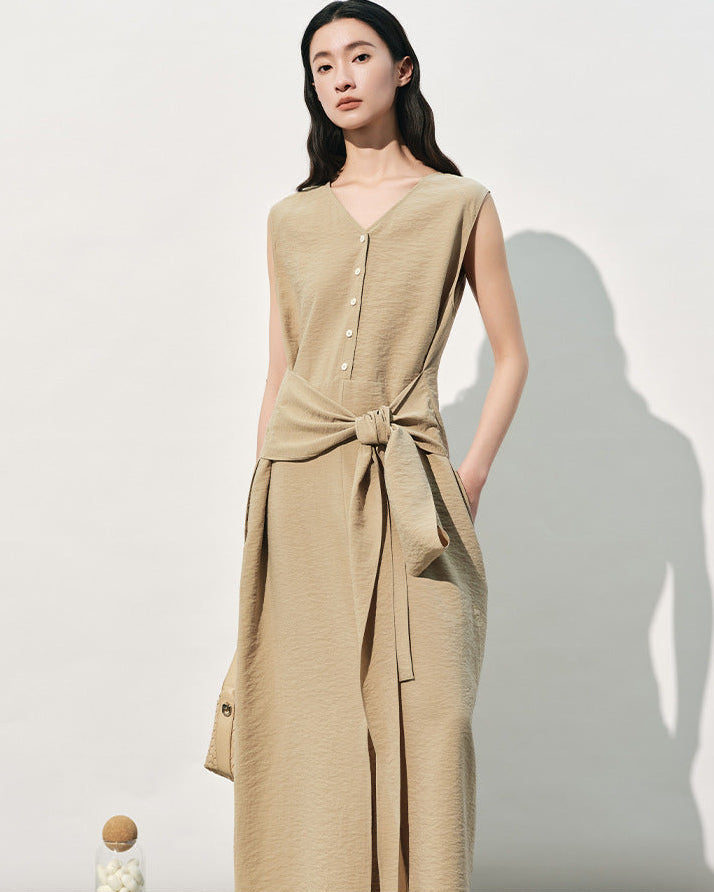 V-Neck Sleeveless Tie-Up Slit Dress
