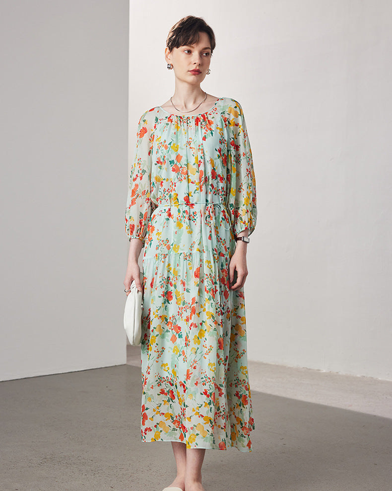 Printed Silk Three-Quarter Sleeve Dress