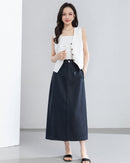 Retro Linen-Blend Straight Skirt