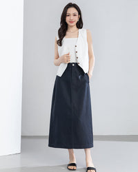 Retro Linen-Blend Straight Skirt