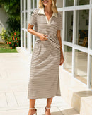 Collared Short-Sleeved Slit Skirt Two-Piece Set