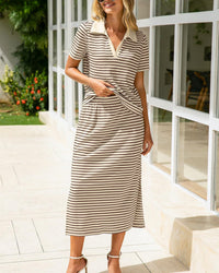 Collared Short-Sleeved Slit Skirt Two-Piece Set