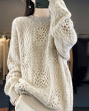 Wool Crew Neck Openwork Loose Slimming Sweater