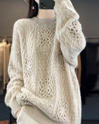 Wool Crew Neck Openwork Loose Slimming Sweater