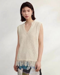Casual V-Neck Fringed Knit Vest