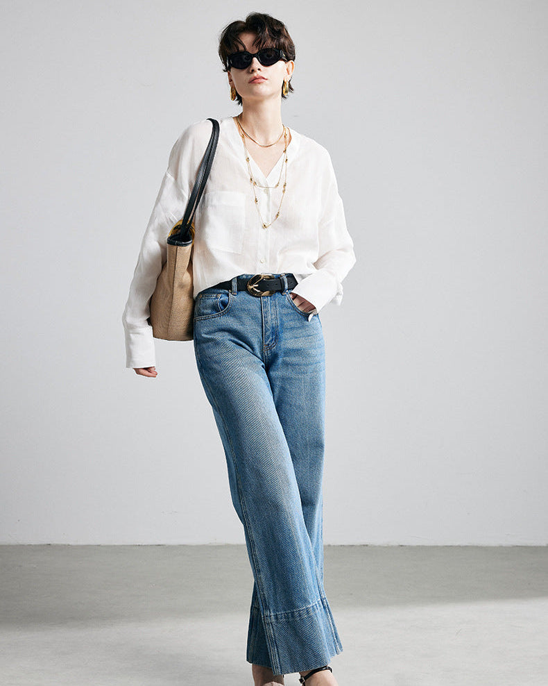 Loose-Fit Long-Sleeve V-Neck Linen Shirt