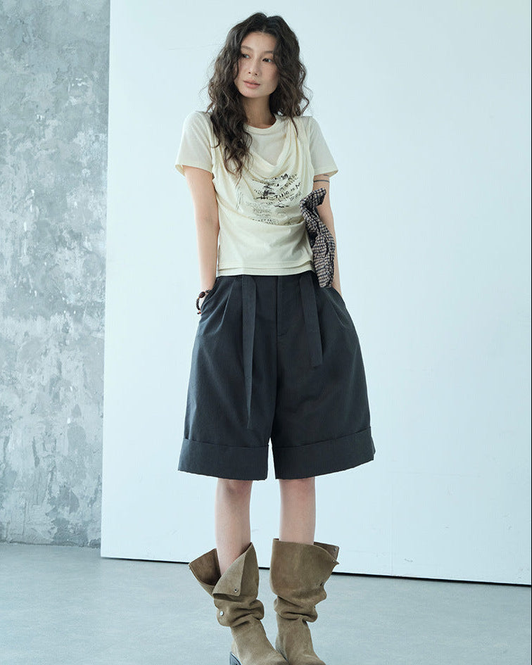 Loose-Fitting High-Waisted Tie-Up Shorts