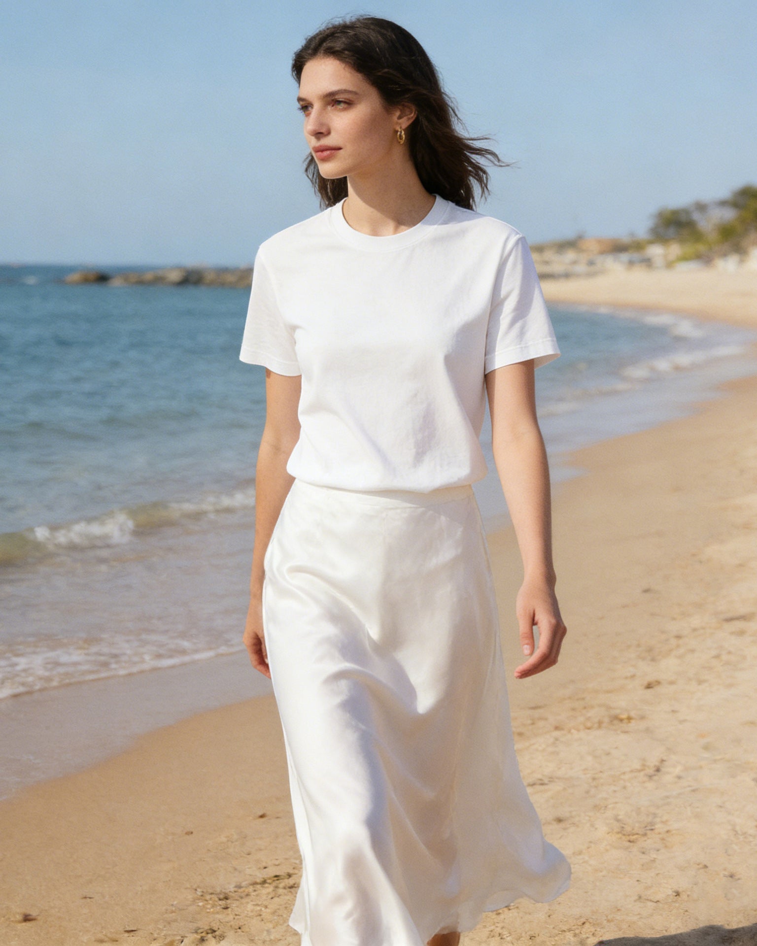  Beige solid color loose fit crew neck t shirt for women, crafted from soft and breathable cotton blend, perfect for spring and summer minimalism.