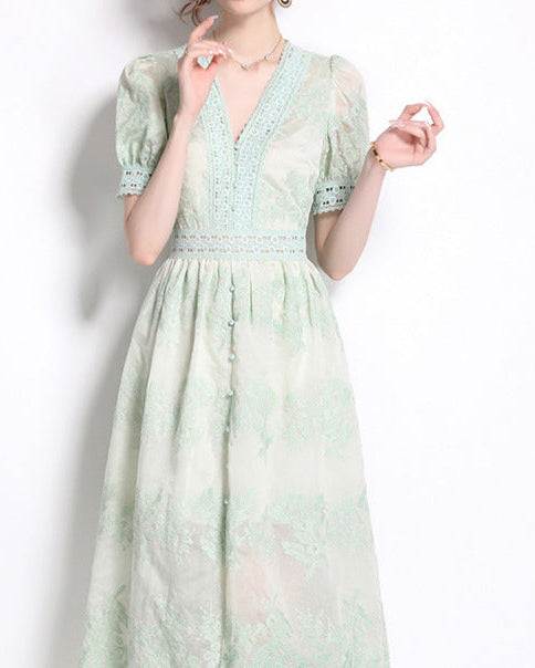 French V-Neck Single-Breasted Dress
