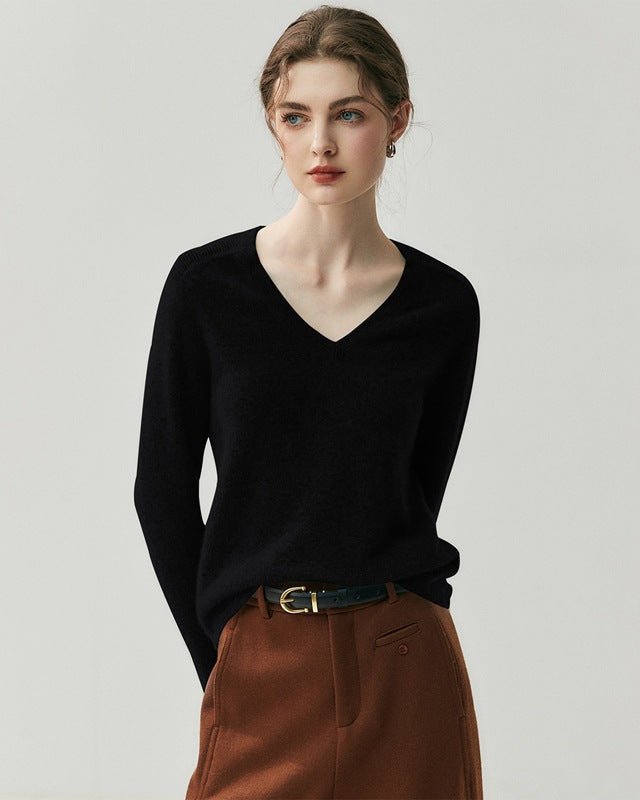 Cashmere V-Neck Saddle Shoulder Knit Sweater