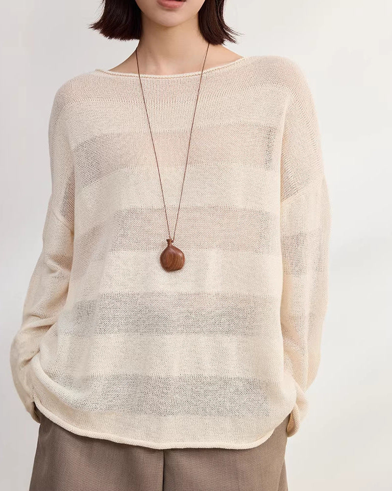 Loose-Fitting Striped Slightly Sheer Knit T-Shirt
