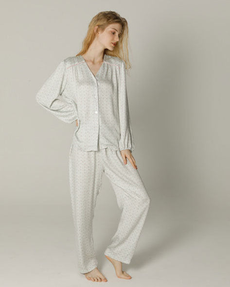 Long-sleeved Shirt & Pants Satin Pajamas Set