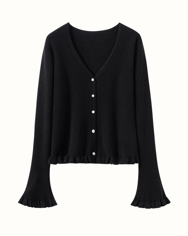Cashmere Bell-Sleeve Knitted Cardigan Sweater