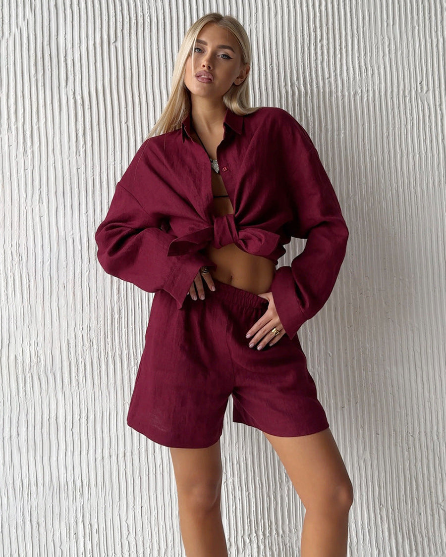 Simple Solid Color Cotton Casual Suit