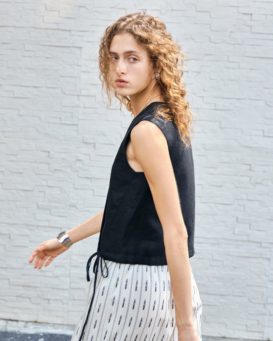 Linen V-Neck Sleeveless Tie-Front Vest