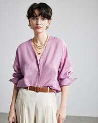 Loose-Fit Long-Sleeve V-Neck Linen Shirt