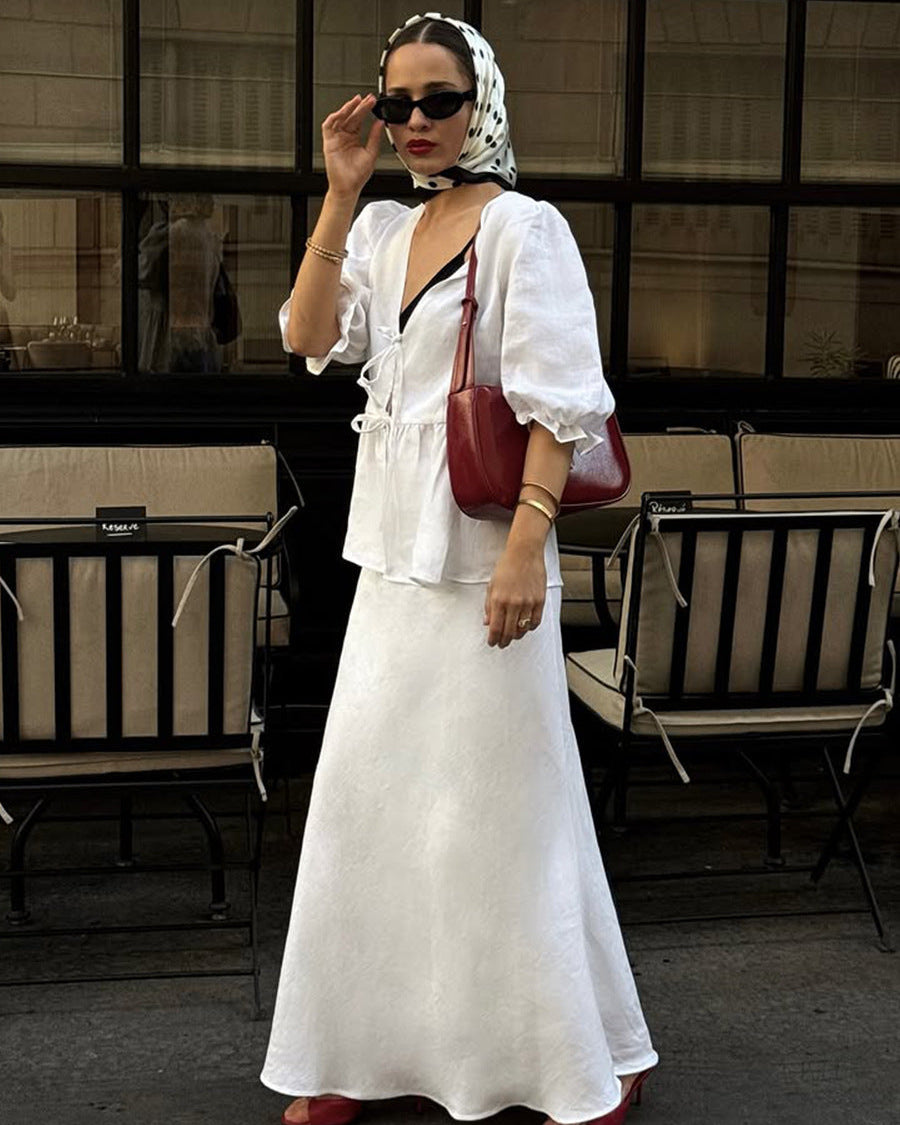 V-Neck Ruffled Short-Sleeved Skirt Set