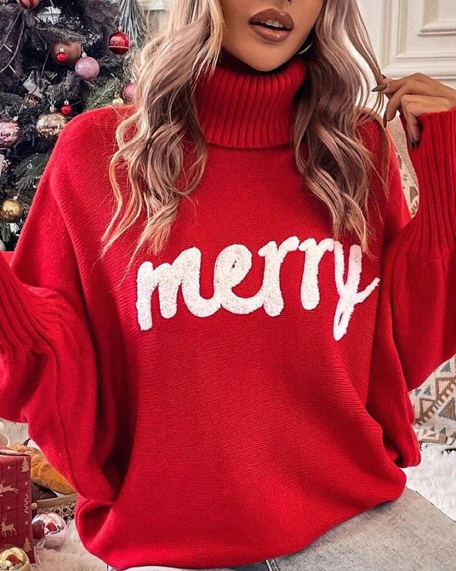 High-Neck Batwing Sleeve Christmas Knit Sweater
