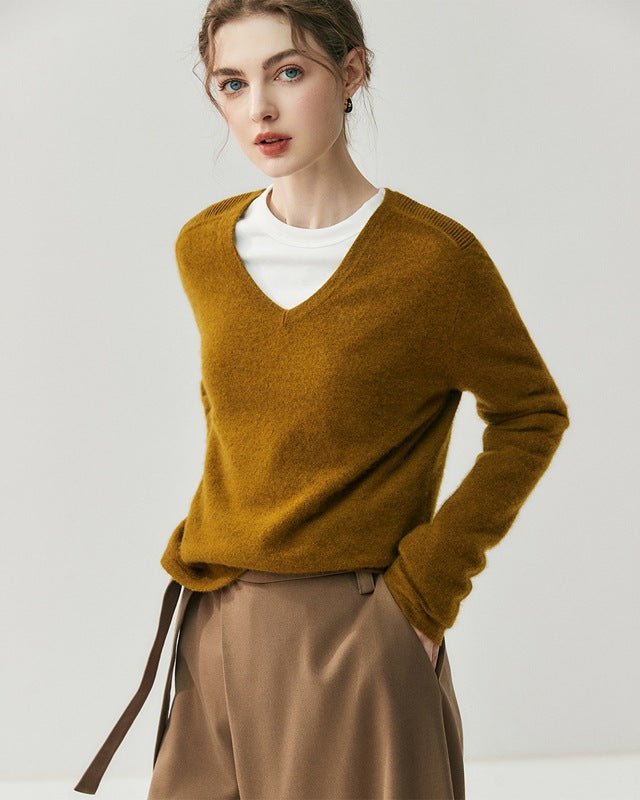 Cashmere V-Neck Saddle Shoulder Knit Sweater