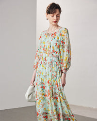 Printed Silk Three-Quarter Sleeve Dress