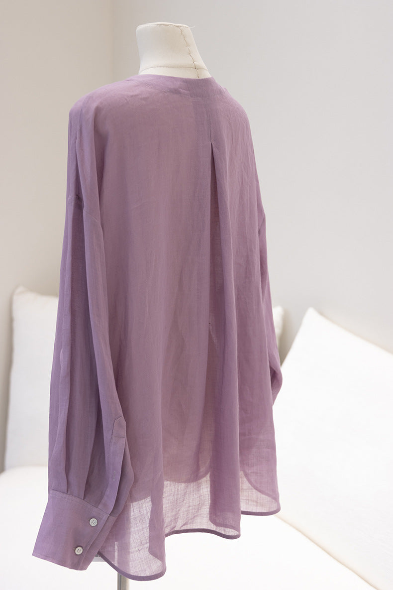 Loose-Fit Long-Sleeve V-Neck Linen Shirt