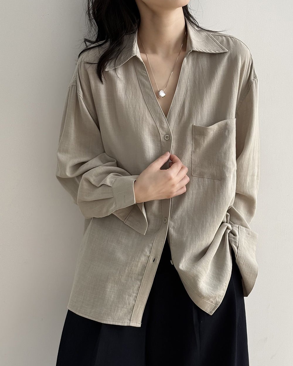 Loose-Fit V-Neck Button-Down Shirt