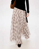 Women's beige irregular plaid skirt featuring an asymmetrical hem design and a timeless check pattern, perfect for spring and casual daily wear.