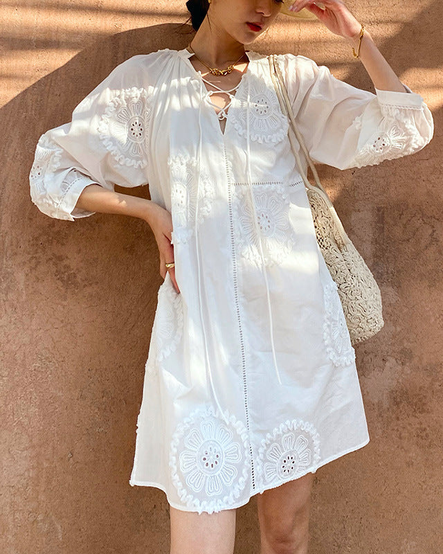 Pure Cotton Embroidered V-Neck A-Line Dress