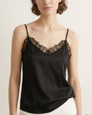  Luxury satin mulberry silk suspender vest with integrated cups and lace trim, designed for a seamless no-wear bra experience, perfect for adding a touch of "Quiet Luxury".
