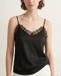  Luxury satin mulberry silk suspender vest with integrated cups and lace trim, designed for a seamless no-wear bra experience, perfect for adding a touch of "Quiet Luxury".