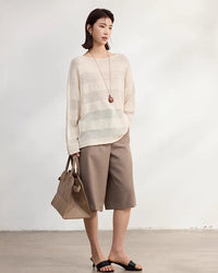 Loose-Fitting Striped Slightly Sheer Knit T-Shirt