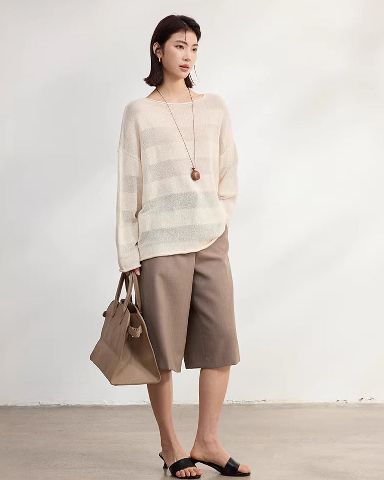 Loose-Fitting Striped Slightly Sheer Knit T-Shirt