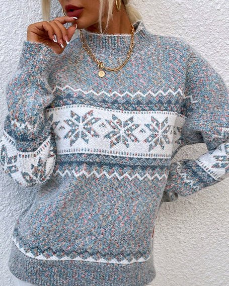High-Neck Snowflake Knit Sweater