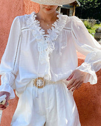 Women's White V-neck lace-trimmed puff-sleeve blouse made from a premium Tencel blend, featuring delicate scalloped lace details and a tie neck, perfect for summer fashion.