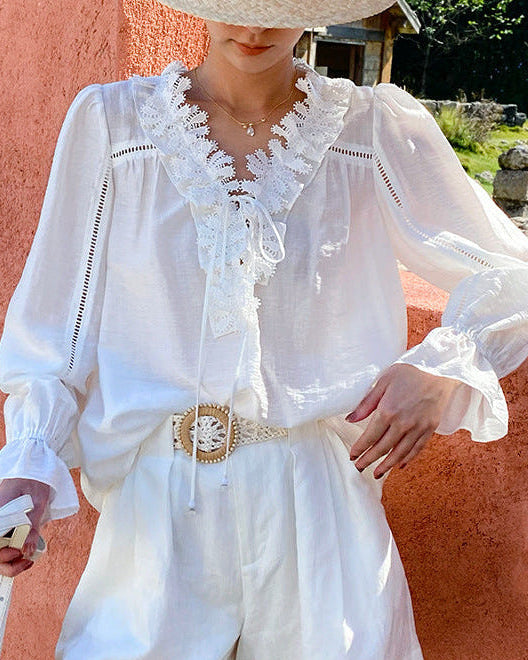 V-Neck Lace-Trimmed Puff-Sleeve Blouse