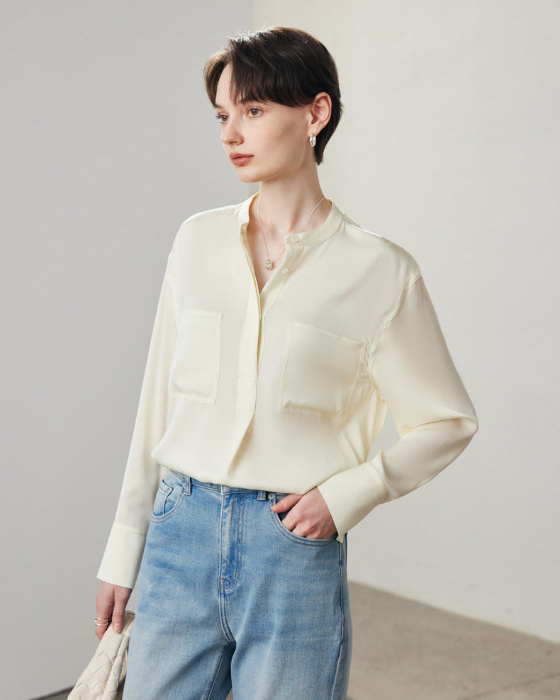 Loose-Fit Long-Sleeve Silk Shirt With Stand Collar