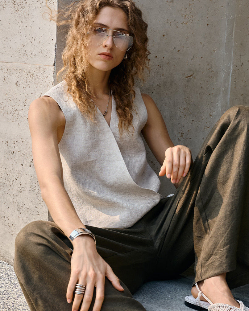 Linen V-Neck Sleeveless Tie-Front Vest