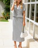 Model wearing striped collared short sleeve top and matching midi skirt set,  casual summer street style
