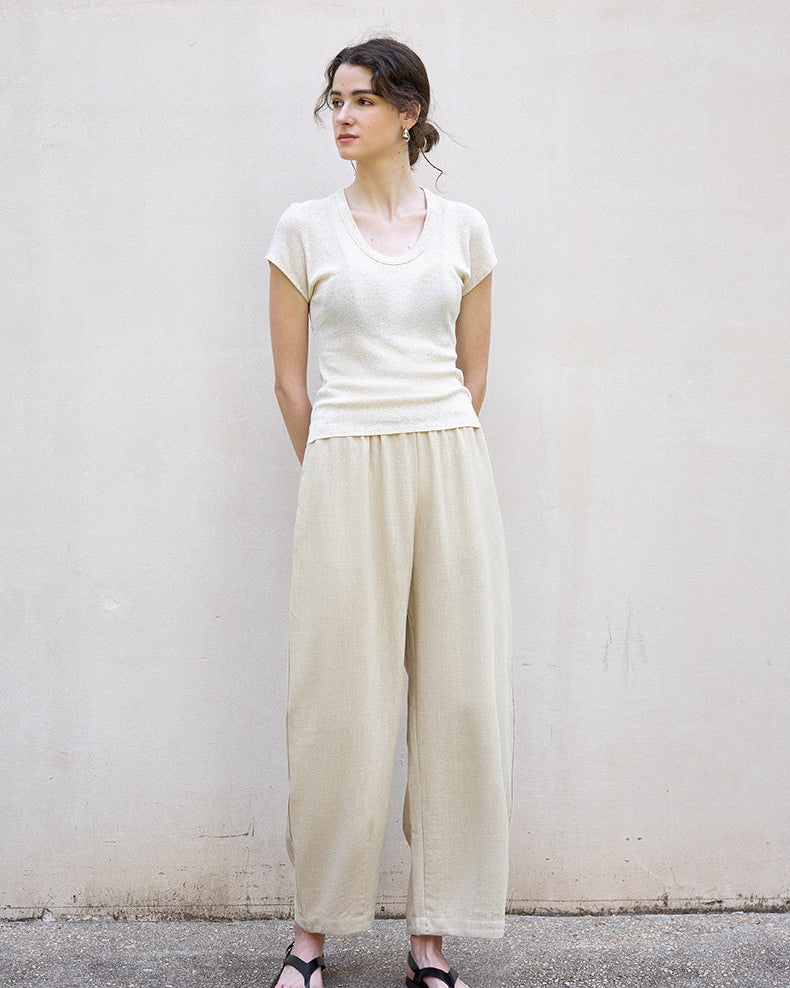 High Waist Linen-Blend Ankle Pants