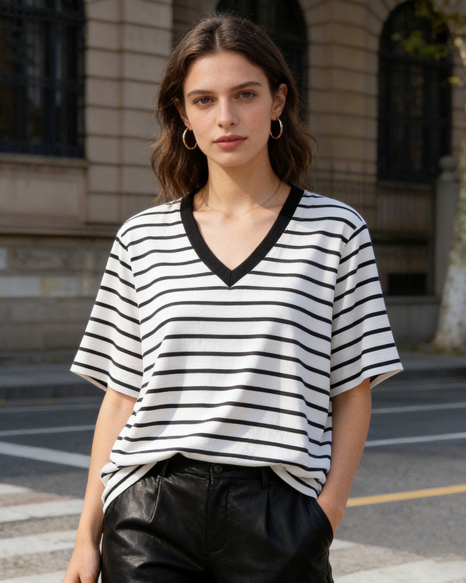 Loose-Fit Striped V-Neck T-Shirt