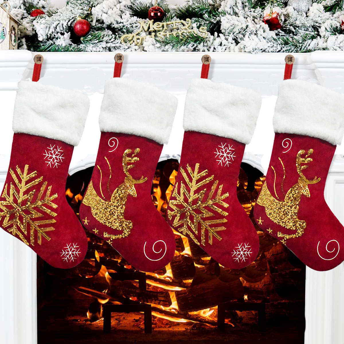 Reindeer Velvet Embroidered Christmas Stockings