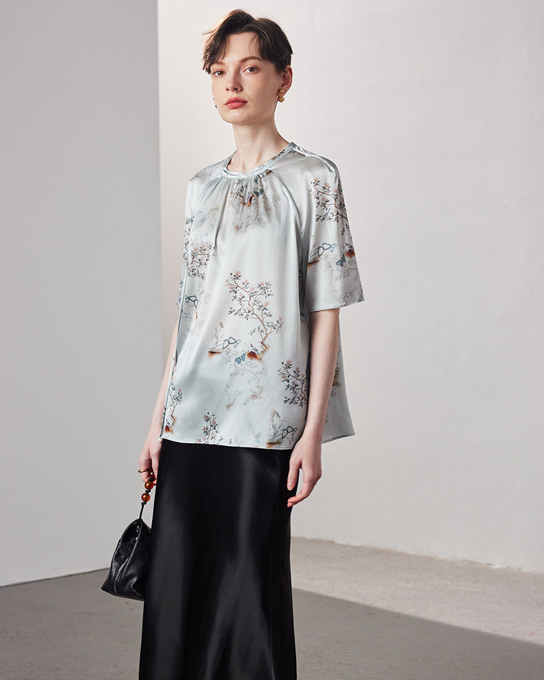 Loose-Fitting Breathable Satin Silk T-Shirt